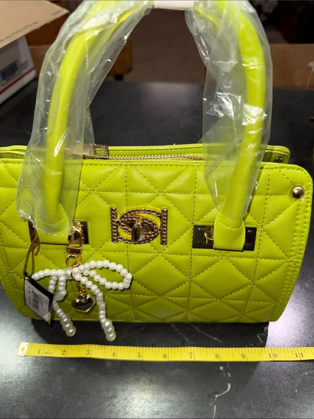 bebe Quilted Lime Green Satchel with Gold Hardware and Pearl Charm